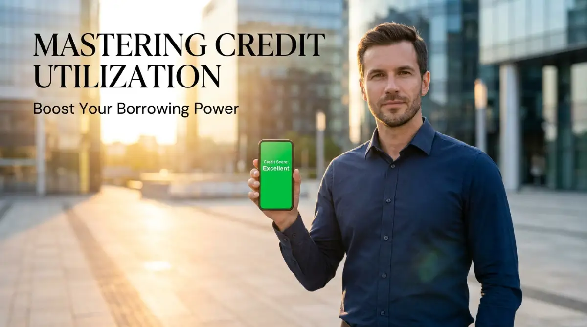 A successful young man checking his excellent credit score on his phone, showing how mastering credit utilization increases borrowing power for major life goals.