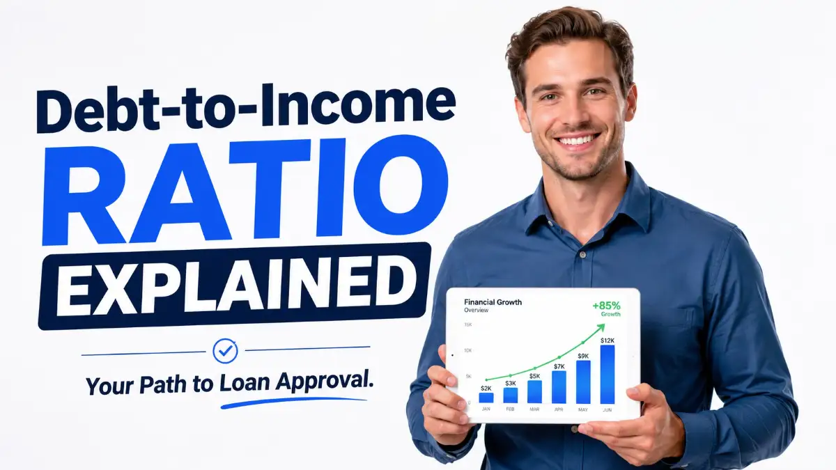 A smiling young man looking at a financial chart on a tablet, representing a first-time borrower learning about the debt-to-income ratio for a loan application.