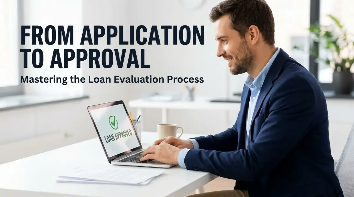 A professional man looking at a successful loan approval screen, representing the final stage of the loan evaluation process.