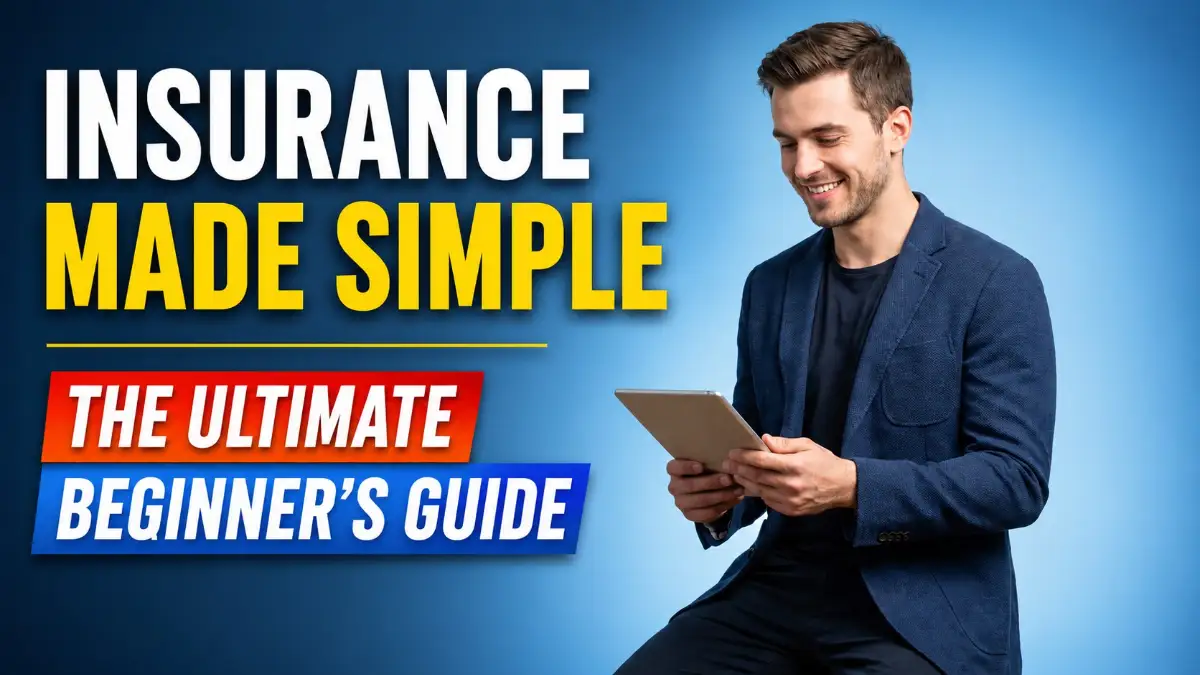 A smart young man reviewing an insurance policy document on a tablet in a clean studio setting to understand basic terms.
