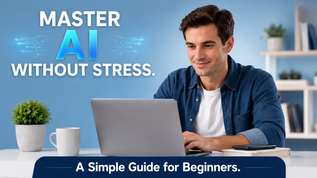 A young professional man sitting at his desk using AI tools on a laptop without feeling overwhelmed.