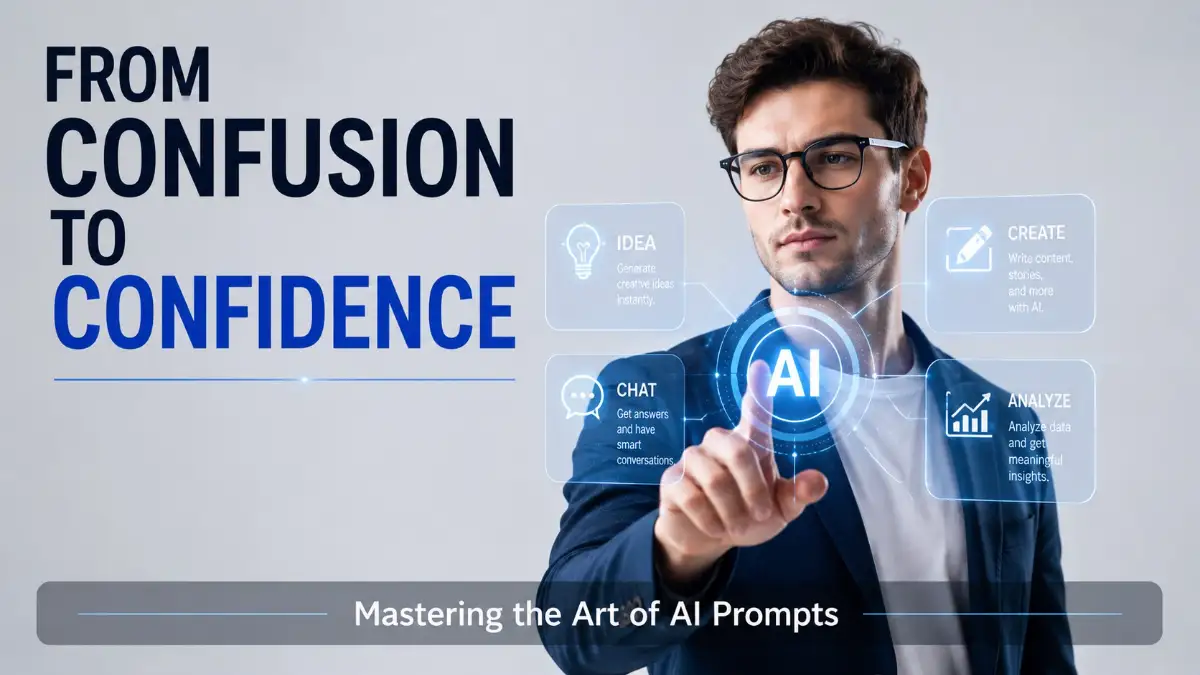 A smart young man looking at a professional AI interface to represent moving from confusion to confidence in prompt engineering.