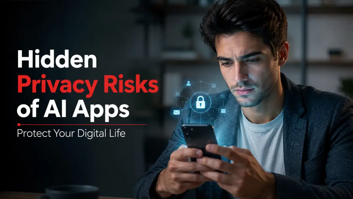 A smart young man looking concerned at his smartphone screen, representing the hidden privacy risks of AI apps that many new users fail to notice.