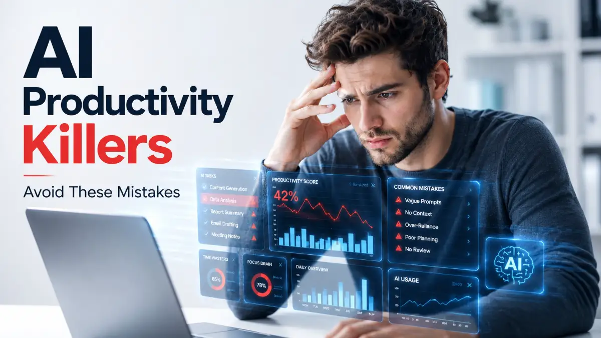 A smart young professional looking at a glowing computer screen, illustrating common AI mistakes that reduce daily productivity and how to avoid them.