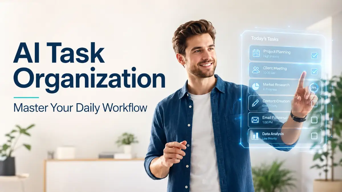 A smart young man smiling while interacting with a digital task list, illustrating how to set up an AI task organization workflow for better daily productivity.